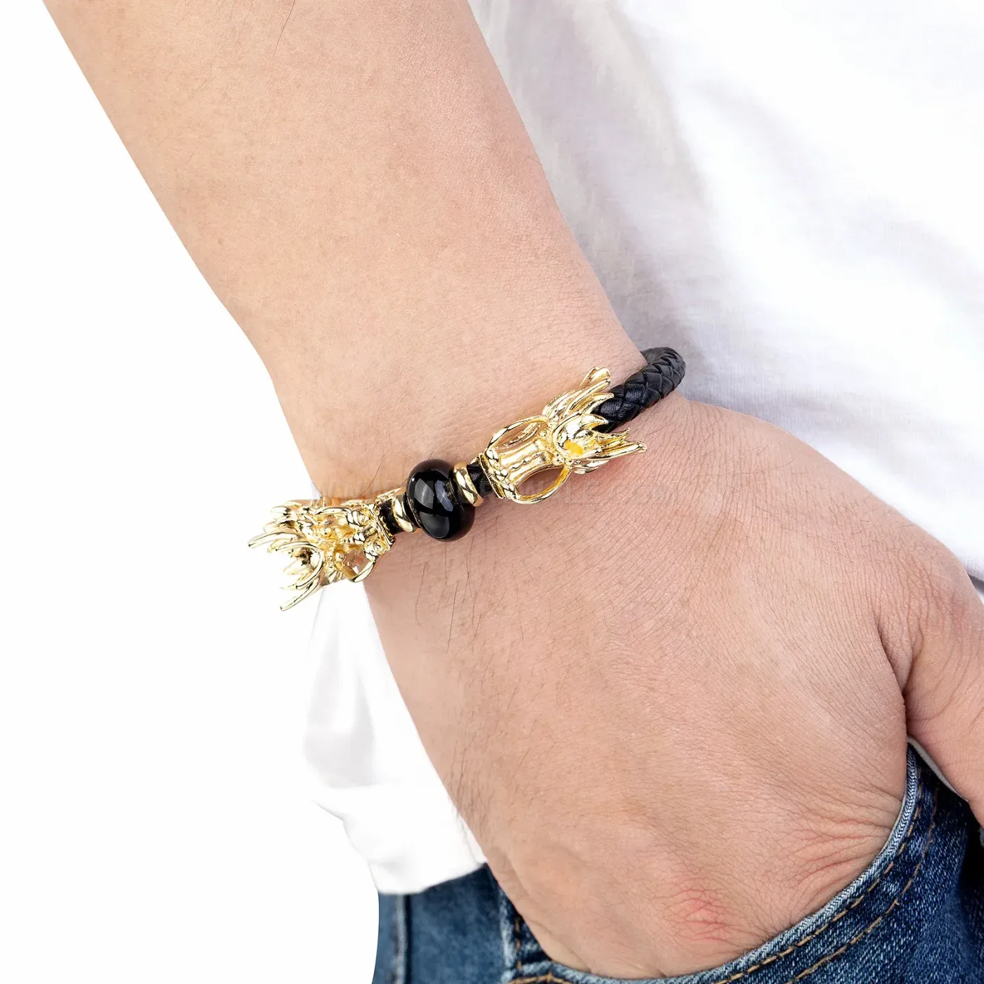 Double Dragon Head Leather Braided Stone Bracelet