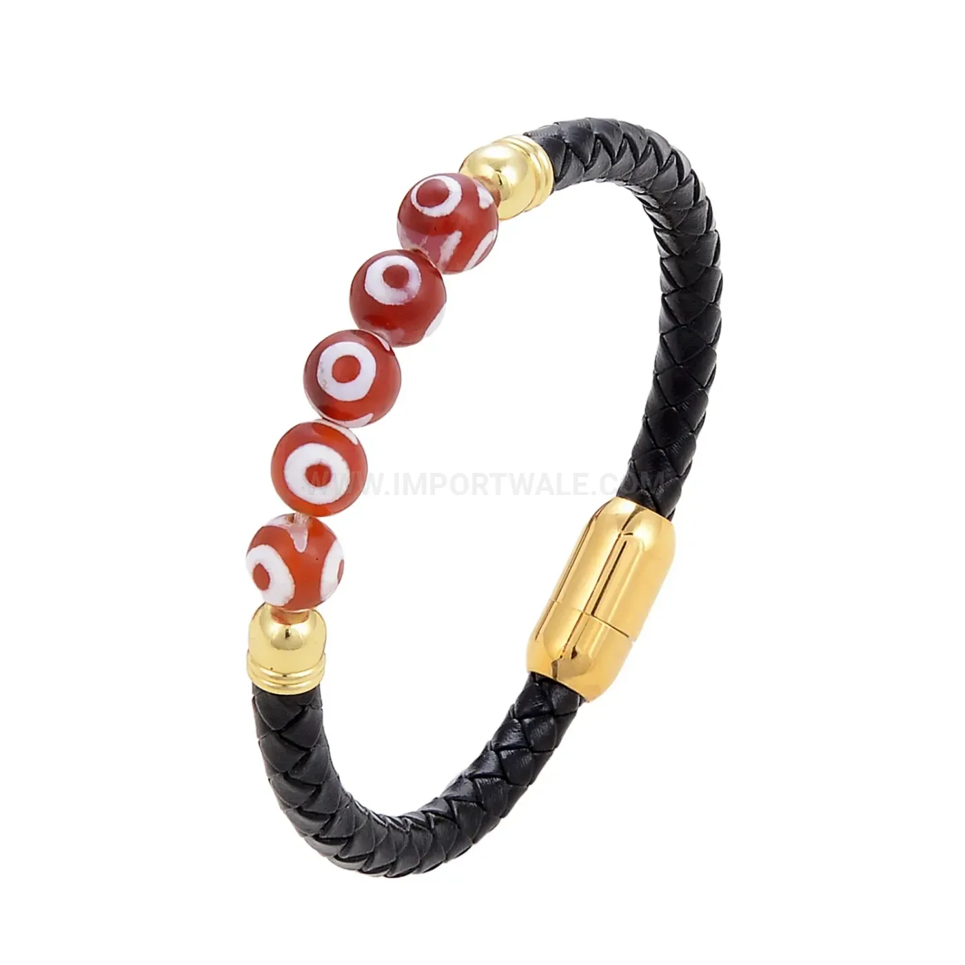 Braided Leather Natural Stone Beaded Wristband Stainless Steel Clasp