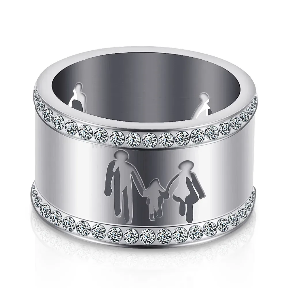 Modern Double-Row Rhinestone Cutout Family Commemorative Stainless Steel Ring