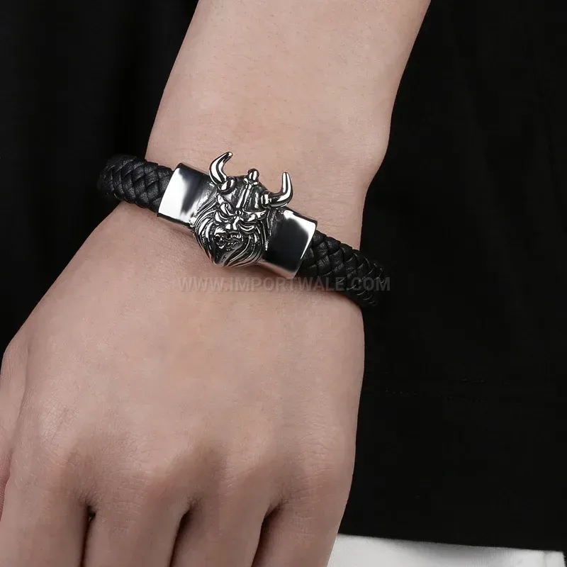 Premium Multicolor Leather Stainless Steel Bull Head Men Bracelet