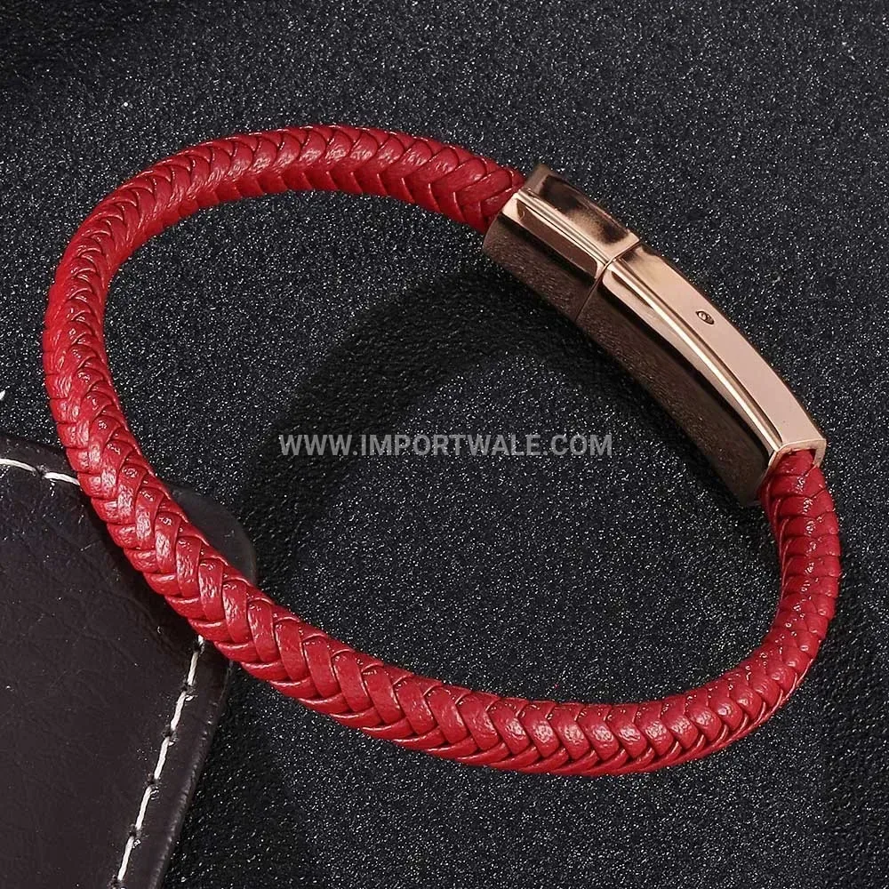 Braided Leather Bracelet with Plated Stainless Steel Snap Clasp