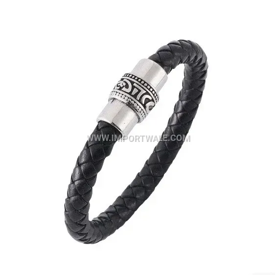 Vintage Braided Leather and Stainless Steel U-Shaped Men's Bracelet
