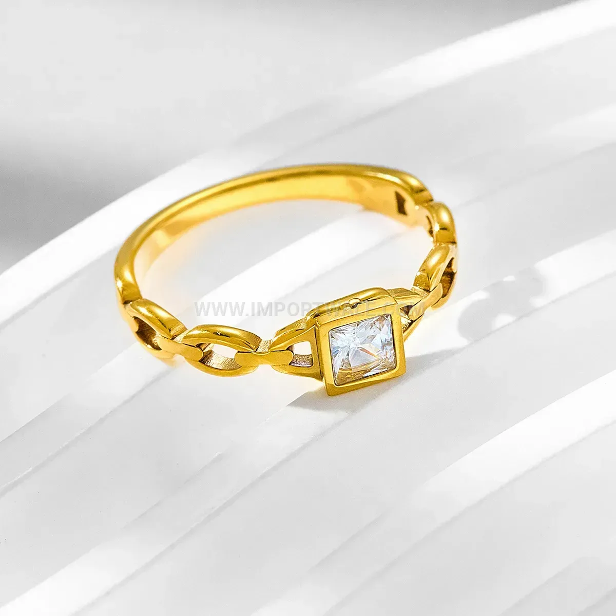 Square Crystal Stainless Steel Chain Link Statement Ring