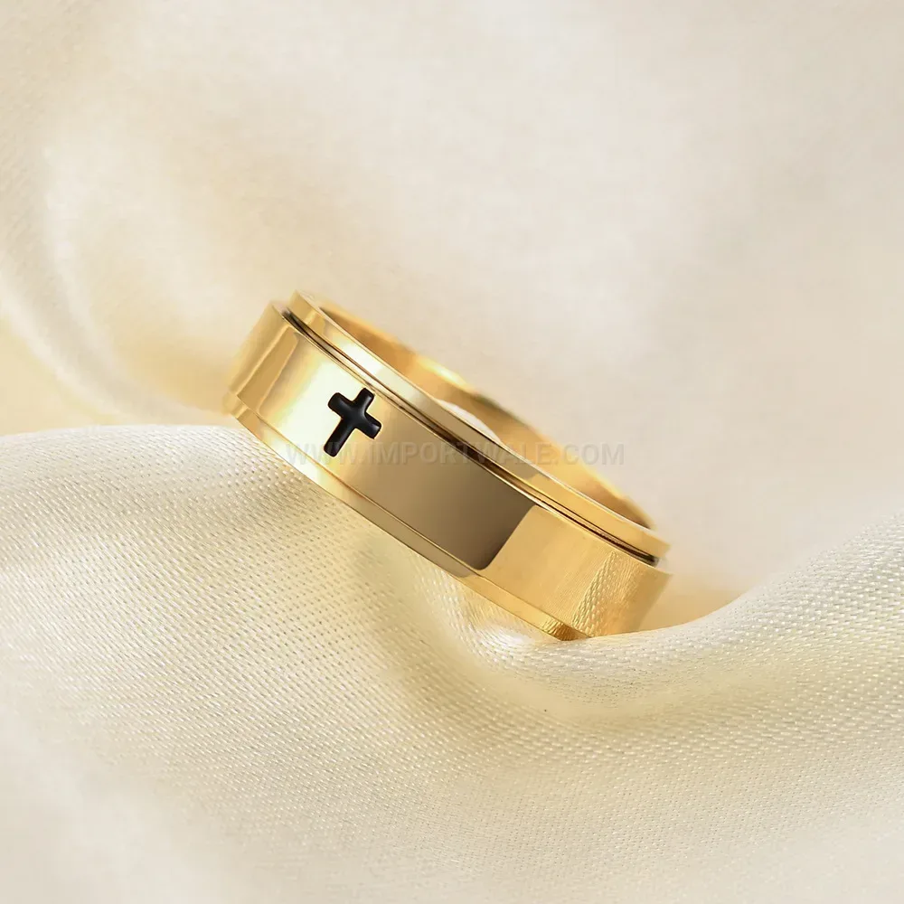 Polished Cross Engraved Stainless Steel Spinner Band Ring