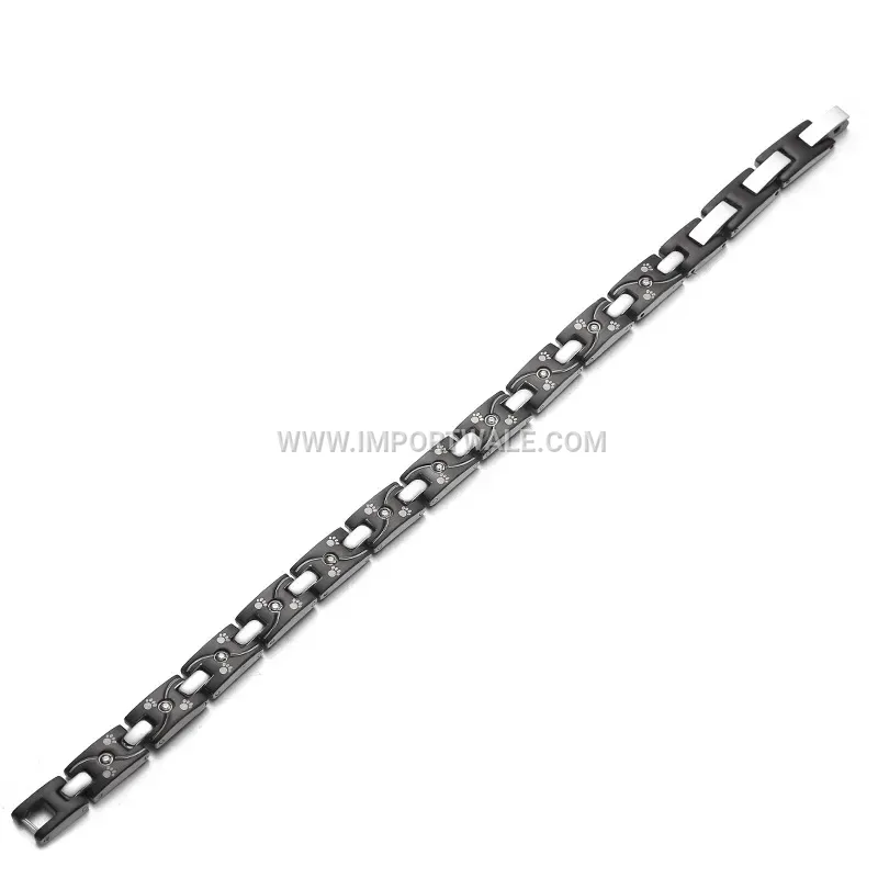 Black Rhinestone Footprint Magnetic Titanium Steel Couples Bracelet