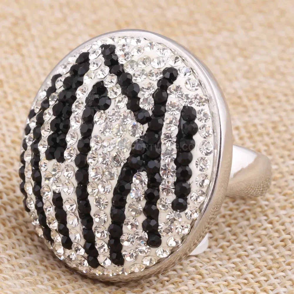 Black Striped Rhinestone Stainless Steel Statement Ring