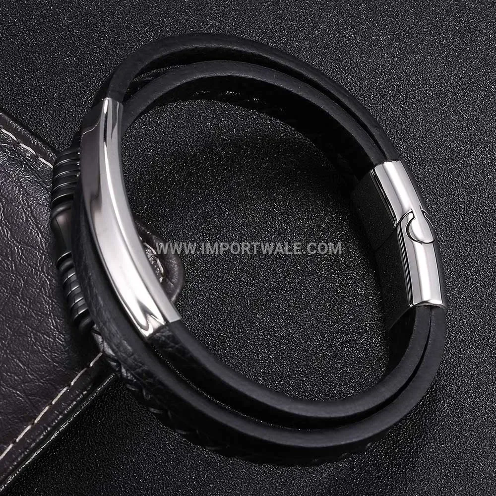 Multi Layer Braided Leather Stainless Steel Magnetic Bracelet