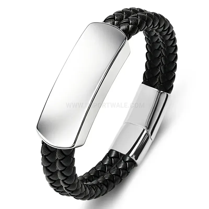 Bold Sleek ID Plate Two-Tone Leather Men's Wristband