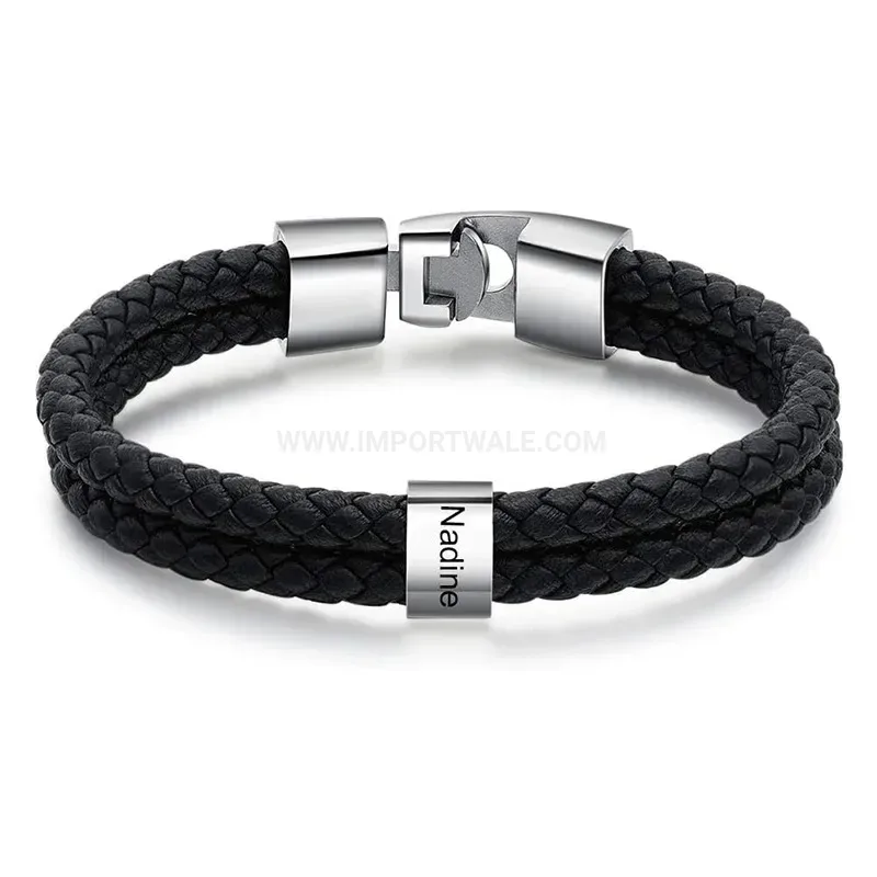 Chic Braided Leather Wristband with Custom Engraved Alloy Magnetic Clasp