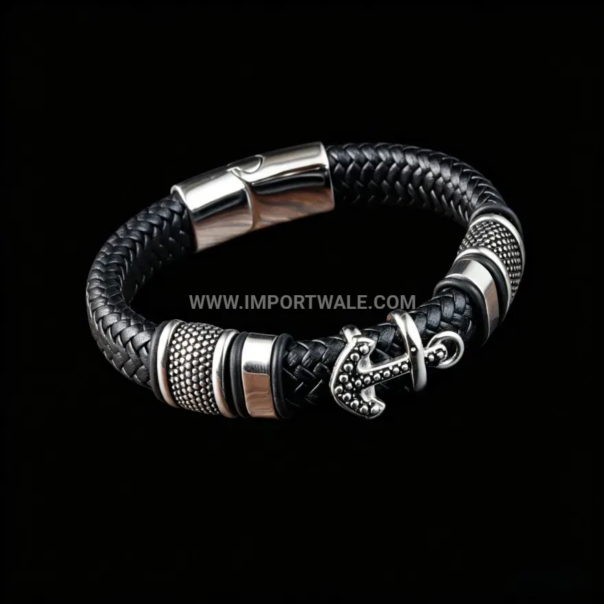 Nautical Anchor Braided Leather Wrap Bracelet
