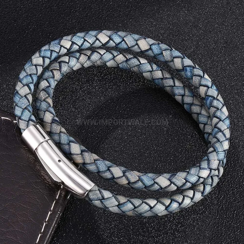 Double Wrap Braided Leather Bracelet with Stainless Steel Clasp