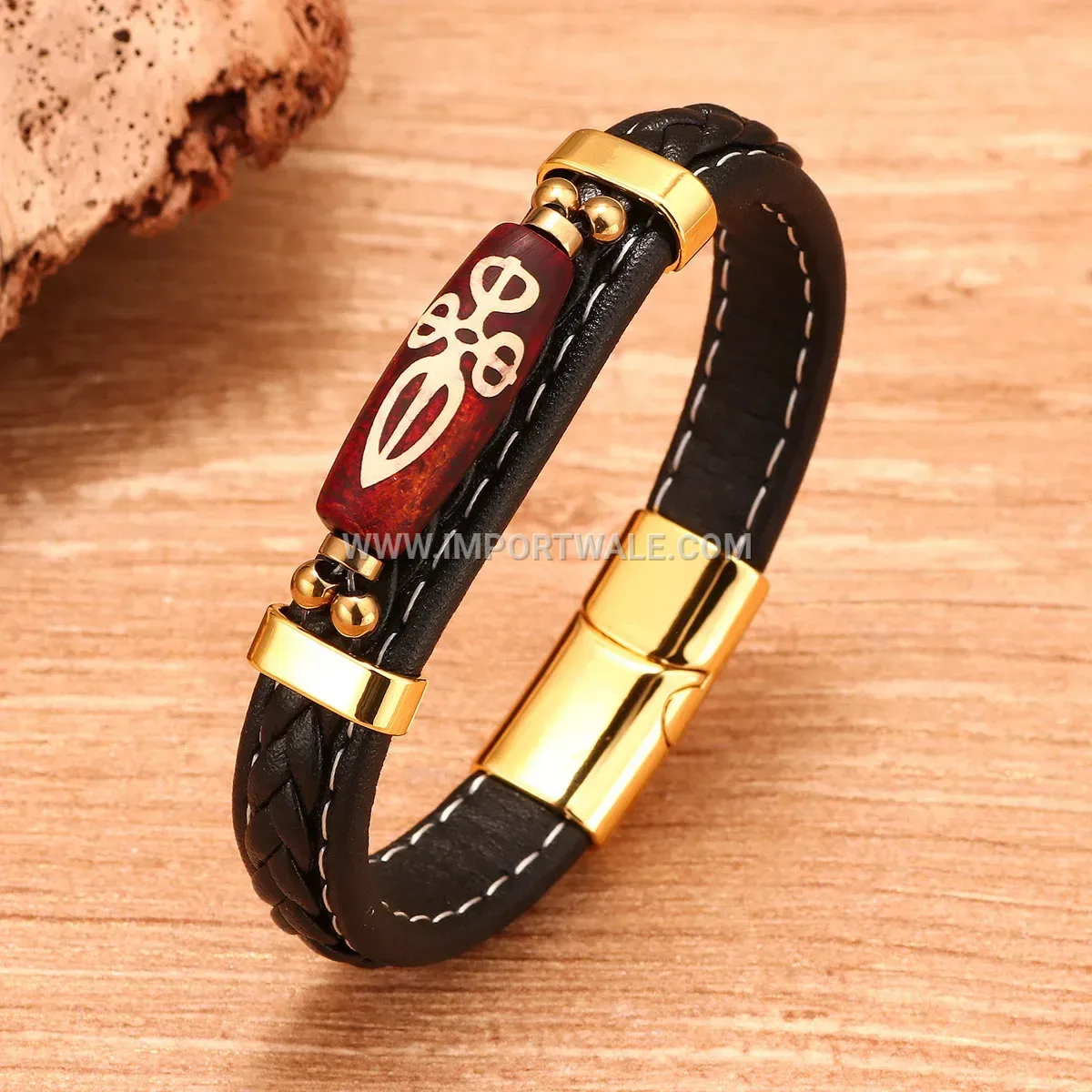 Woven Leather Dzi Bead Bracelet with Magnetic Clasp
