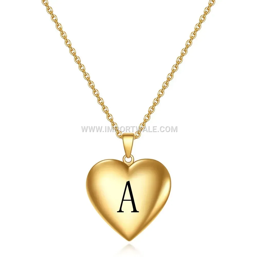 Engraved Initial Heart Locket Photo Pendant Stainless Steel Necklace