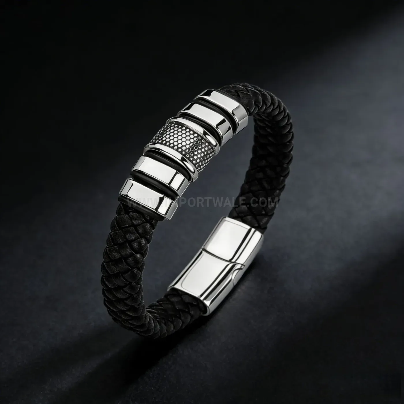 Elegant Woven Black Leather Cord Bracelet with Metallic Clasp