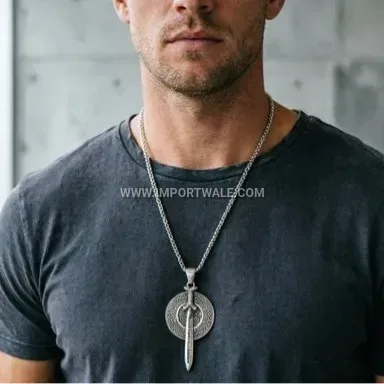 Vintage Viking Sword and Shield Stainless Steel Pendant