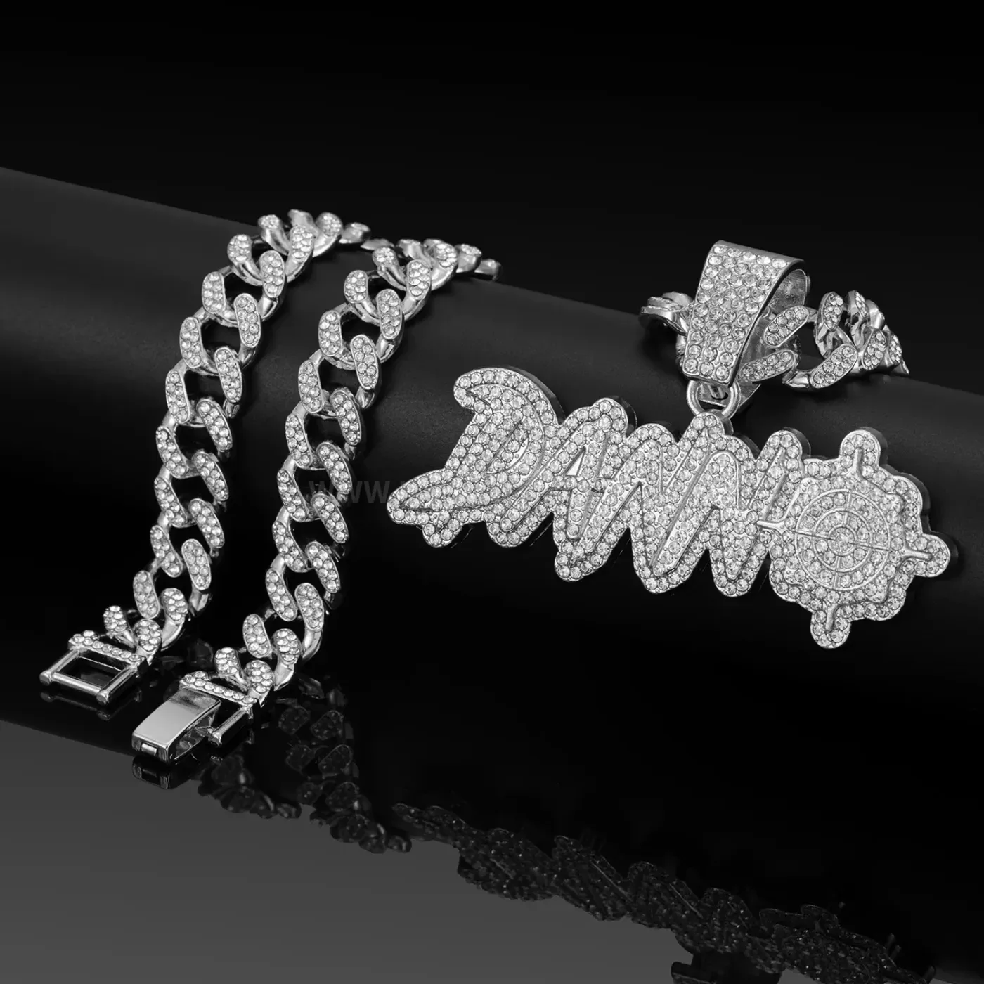 Stylish Iced Out DANN Letter Pendant Cuban Link Necklace