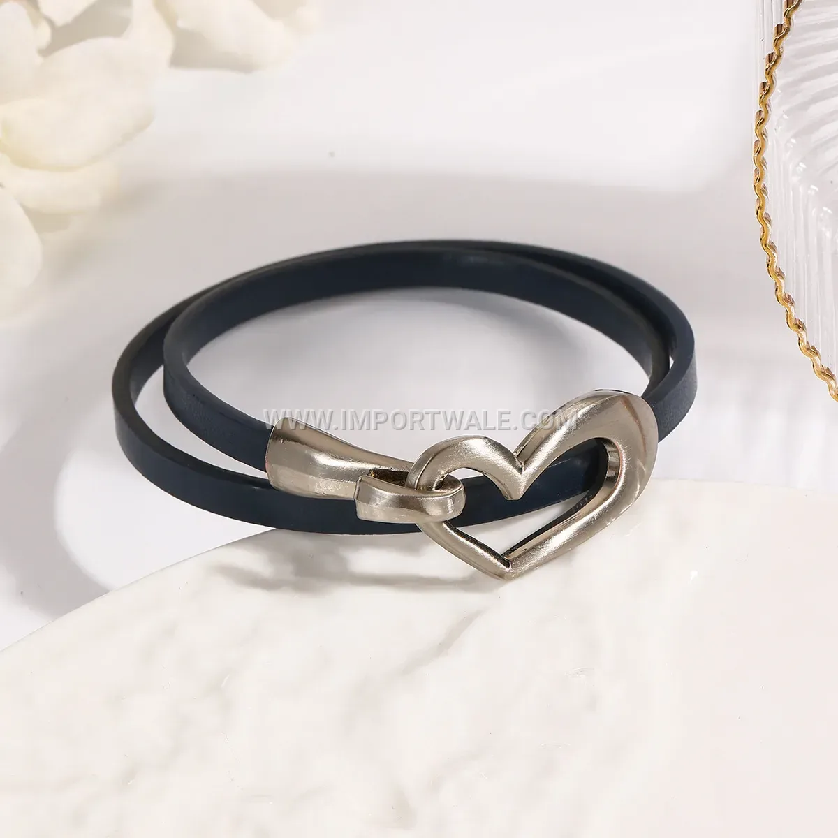 Multi-Layer Faux Leather Heart Charm Bracelet with Brushed Clasp