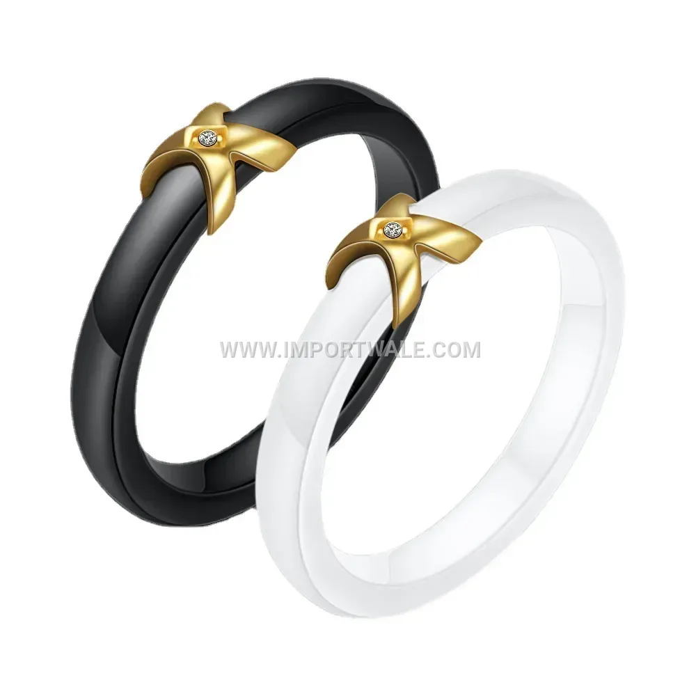 Elegant X-Cross Polished Ceramic Rhinestone Accent Ring