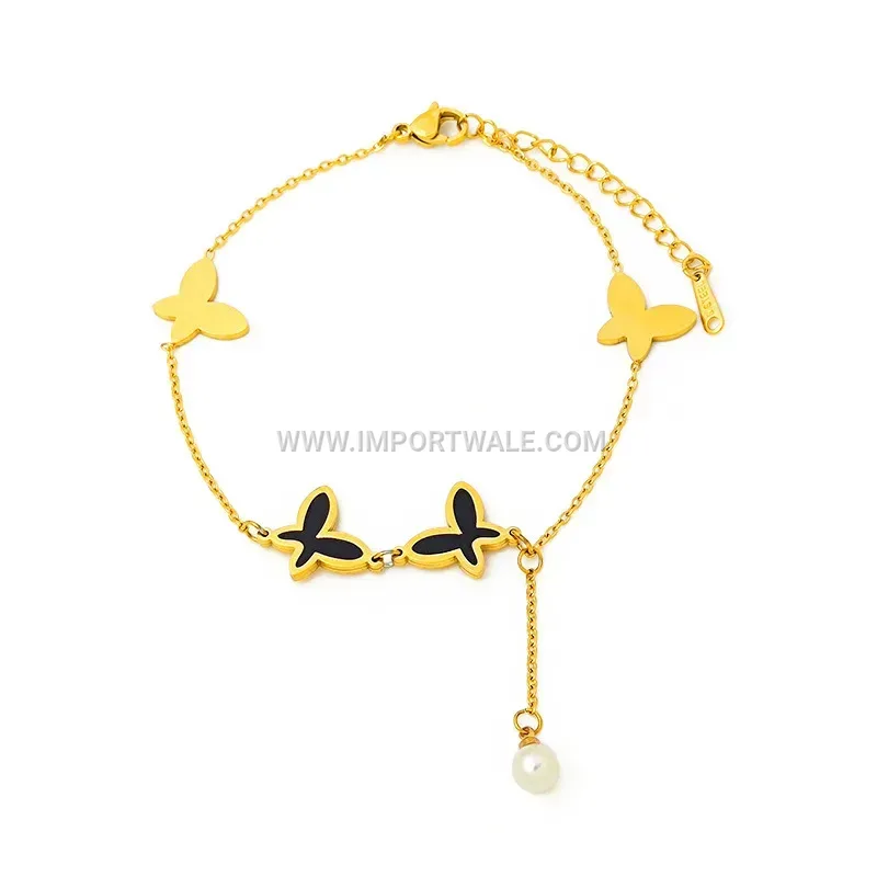 Faux Pearl Butterfly Charm Chain Anklet in Gold Tone Stainless Steel