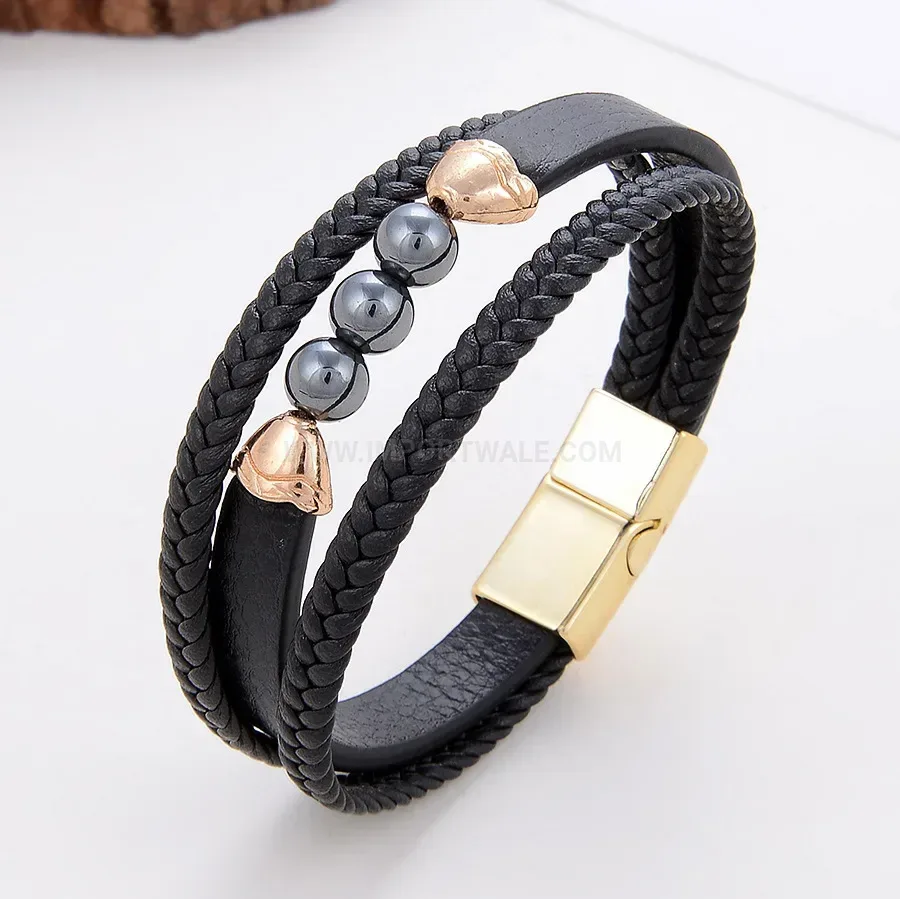 Layered Braided Leather Bracelet with Natural Stone Beads and Alloy Clasp