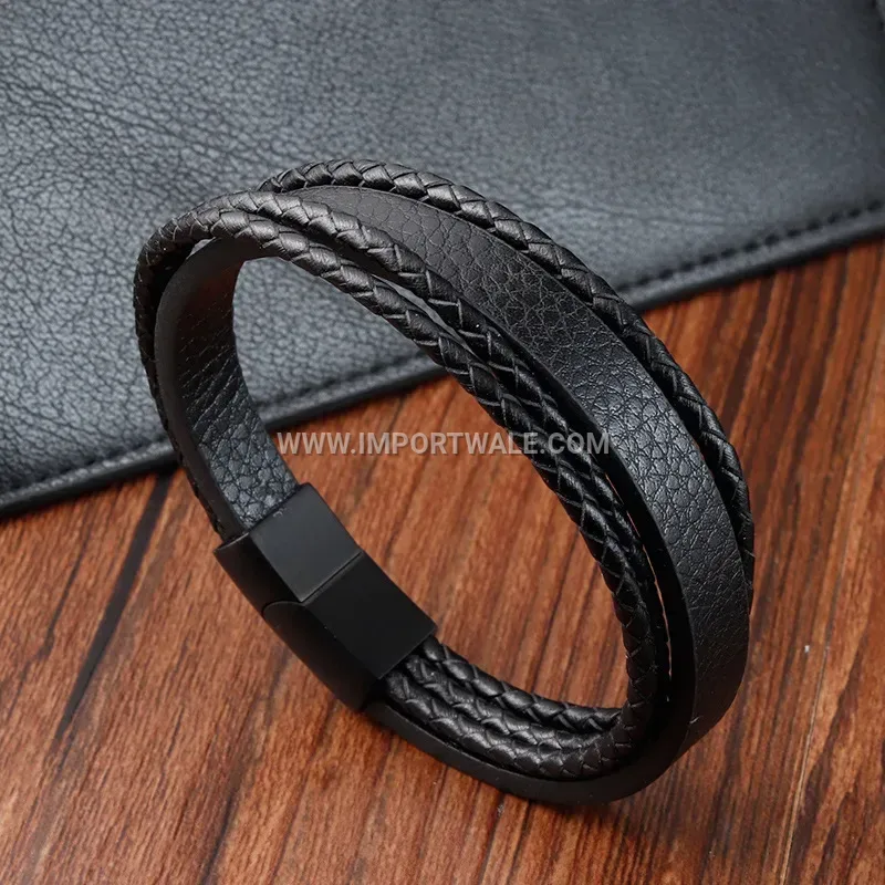 Multi-Strand Woven Leather Rope Bracelet with Alloy Hardware