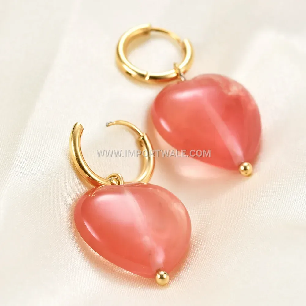 Stainless Steel Glass Heart Pendant Drop Earrings