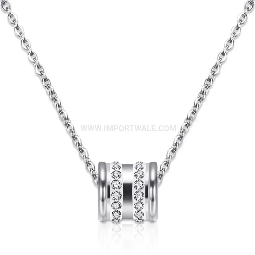 Stainless Steel Double Row Rhinestone Round Pendant Collar Necklace