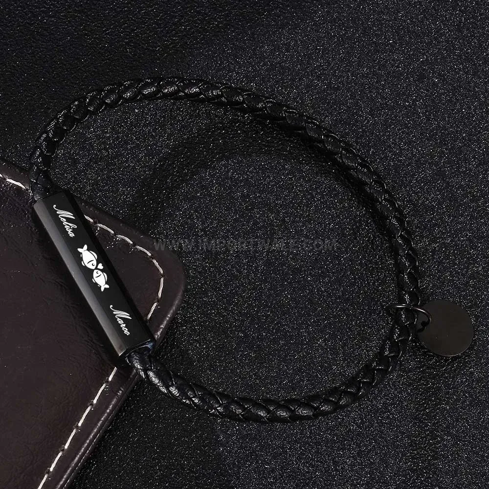 Engravable Black Stainless Steel Braided Leather Couple Bracelet