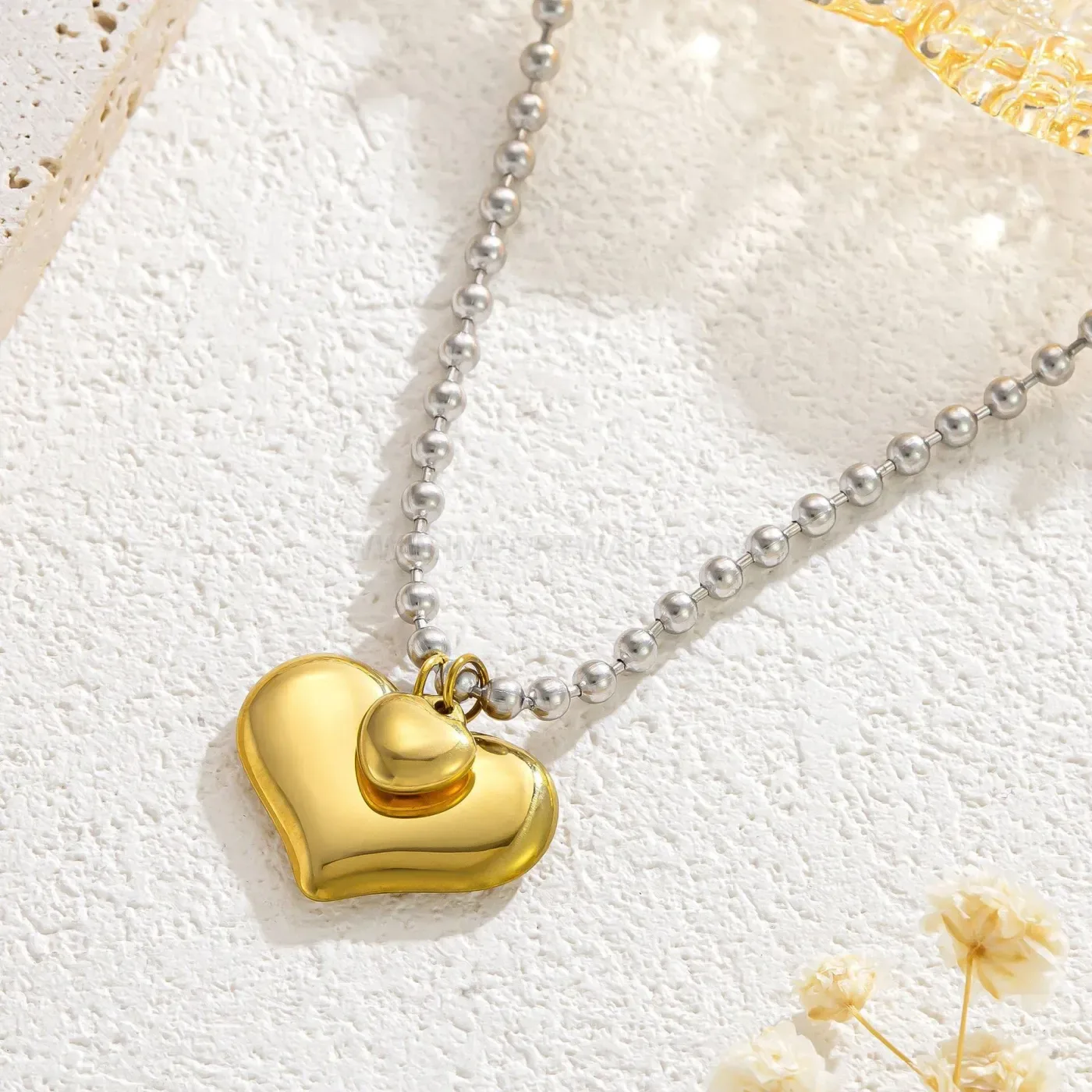 Two-Tone 18k Gold Plated Heart Pendant Stainless Steel Necklace