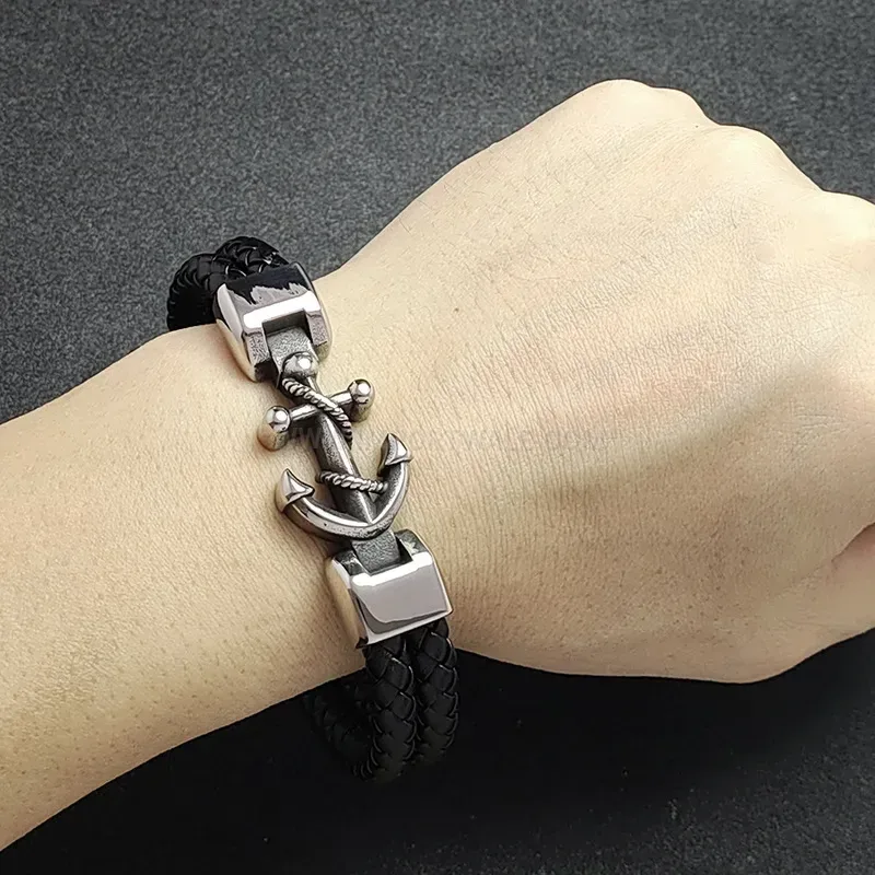Trendy Anchor Motif Braided Rope Leather Stainless Steel Men's Bracelet