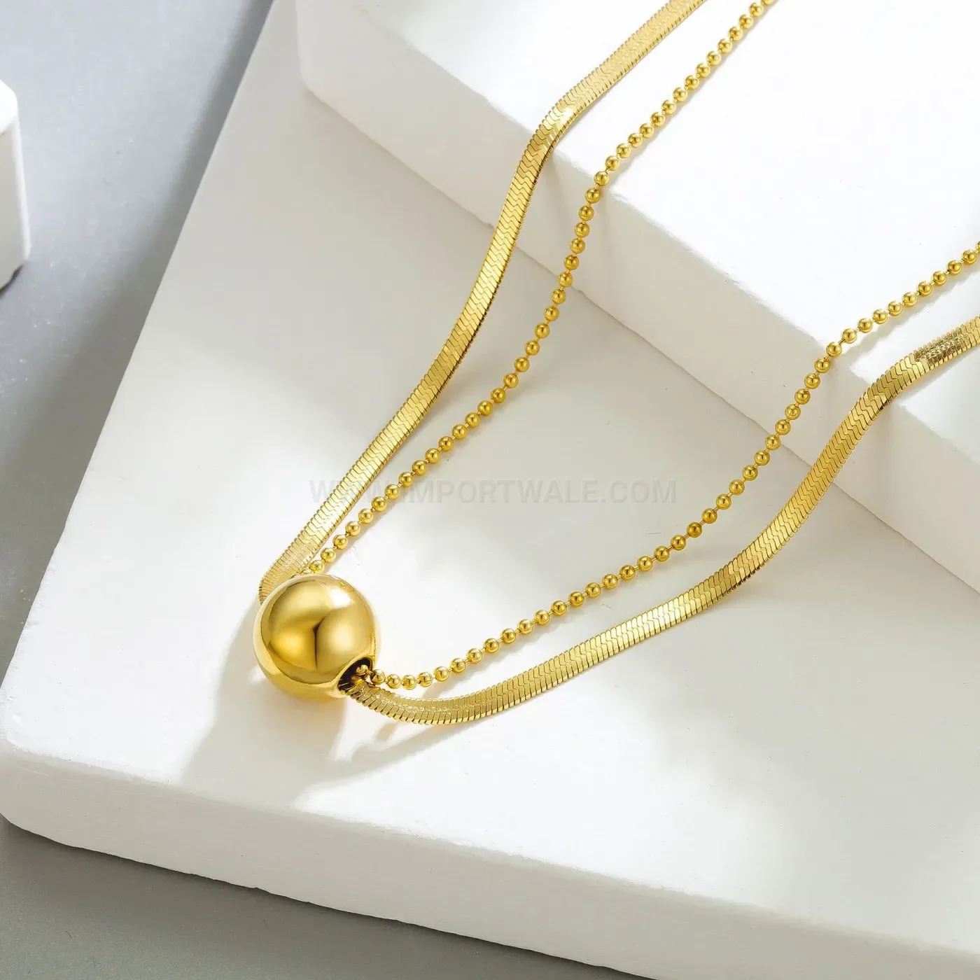 Chic Gold Plated Titanium Steel Layered Cuban Chain Necklace with Bead Accent