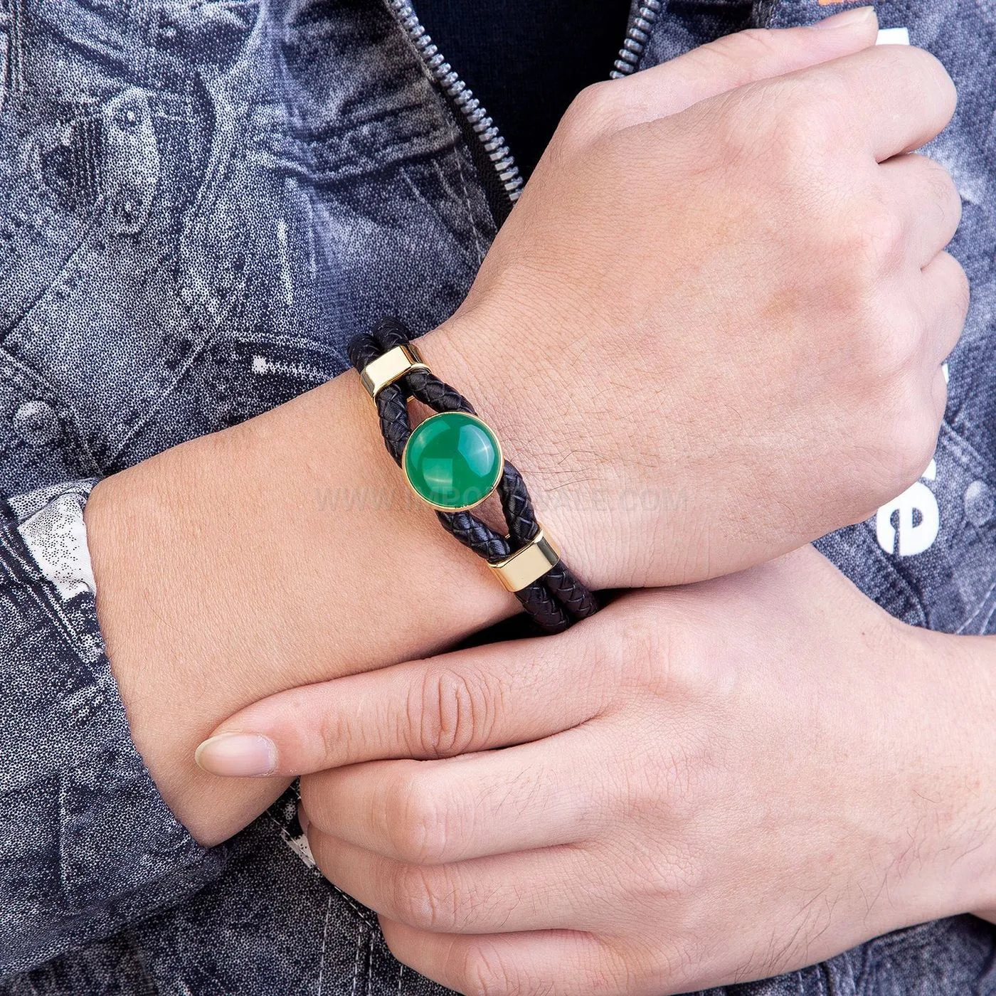 Handcrafted Braided Leather Bracelet with Round Natural Stone Accent