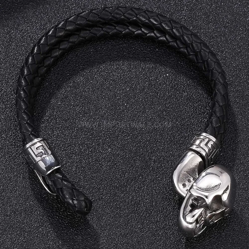 Vintage Skull Double Wrap Leather Bracelet with Stainless Steel Details
