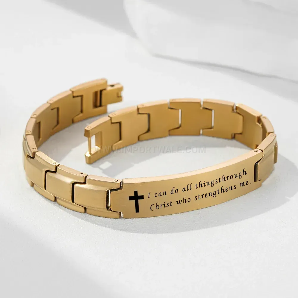Polished 12mm Dual-Tone Stainless Steel Cross Engraved Link Bracelet