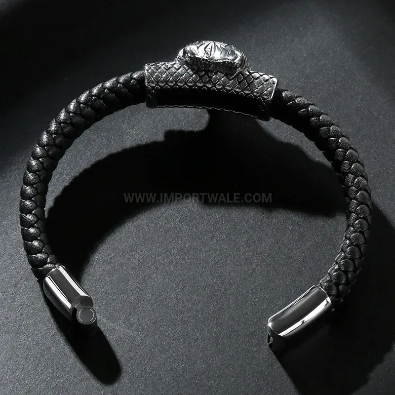 Stylish Liger King Stainless Steel and Multicolored Leather Men Bracelet