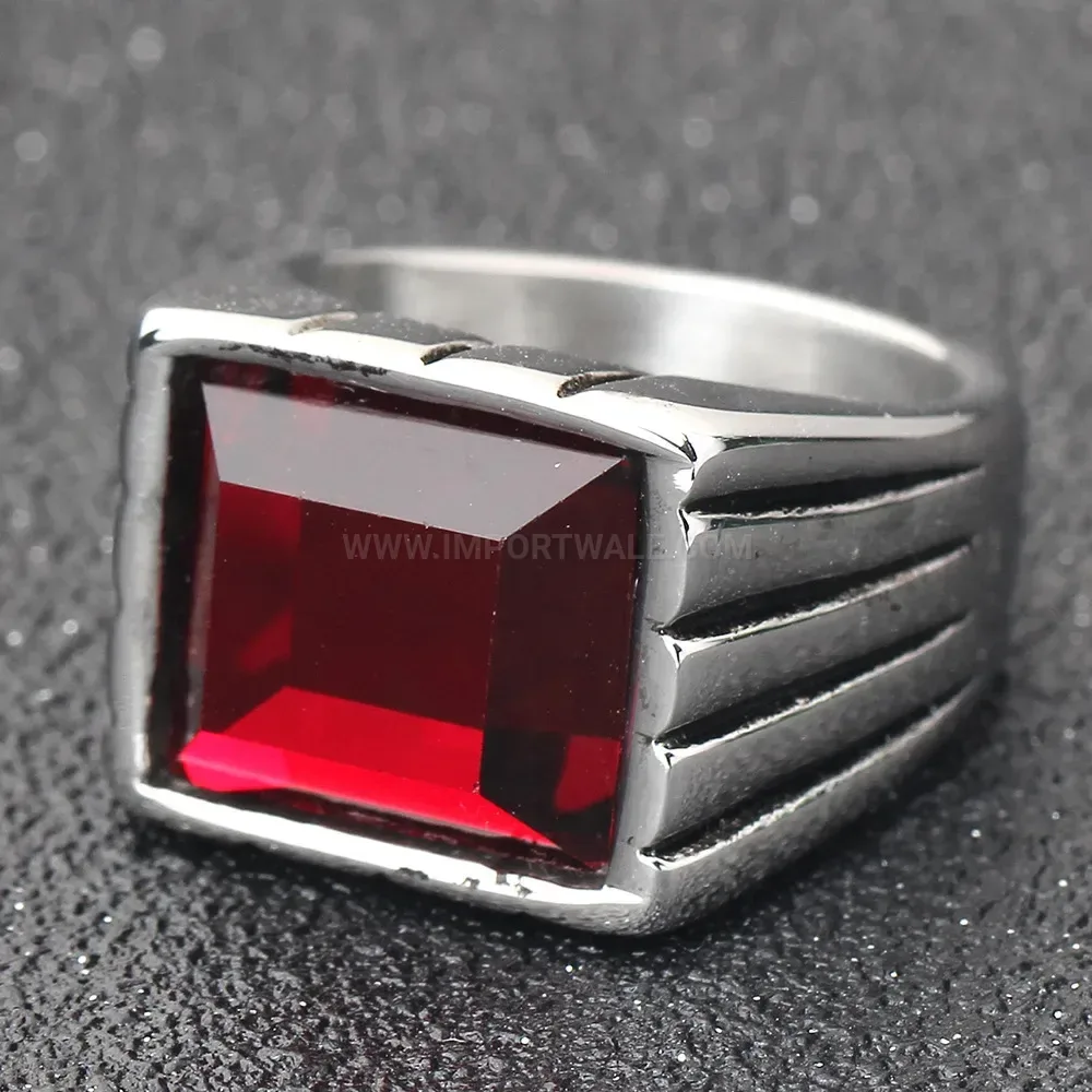 Fashion Square Red Gemstone Stainless Steel Signet Ring