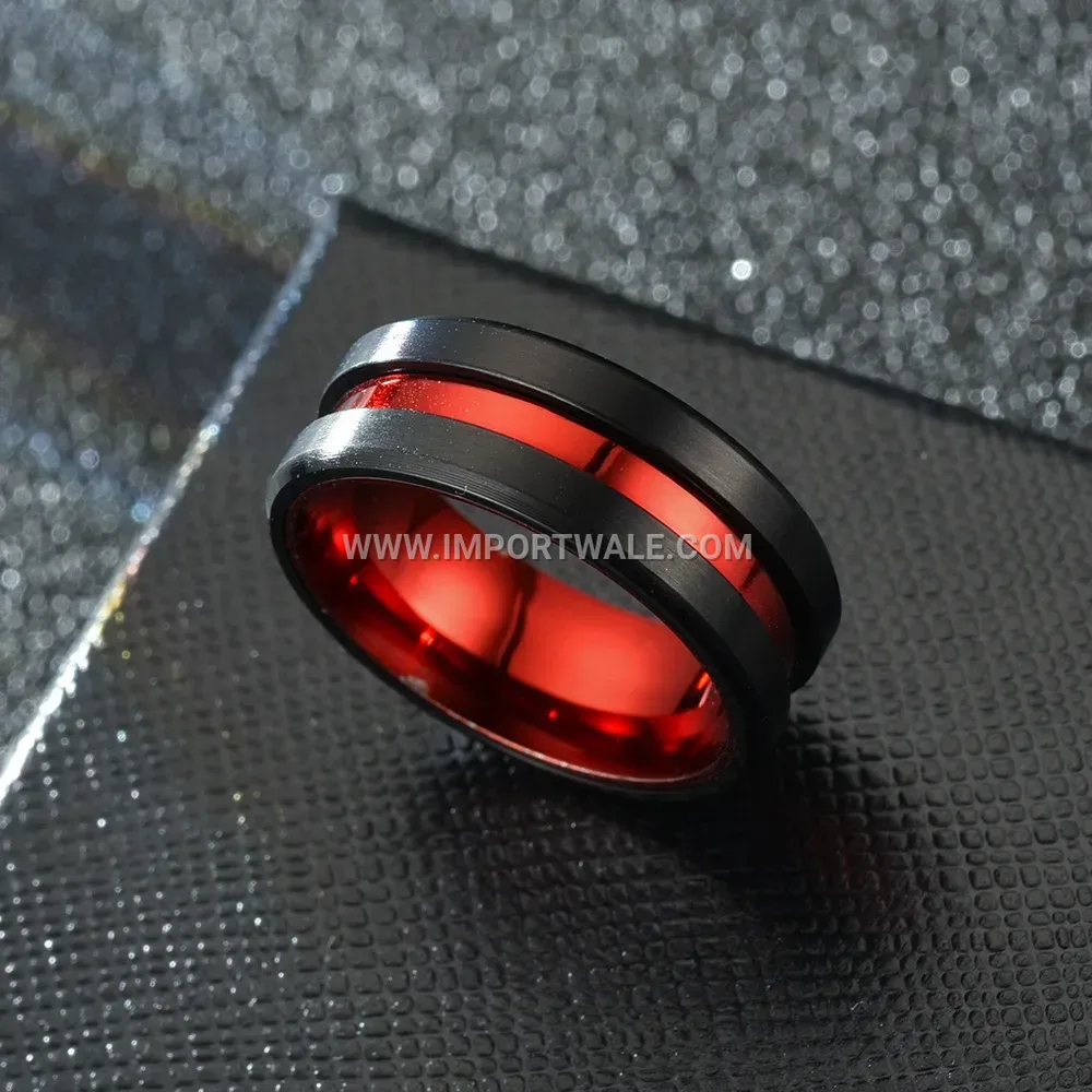 Two-Tone Red and Black Stainless Steel Grooved Band Ring