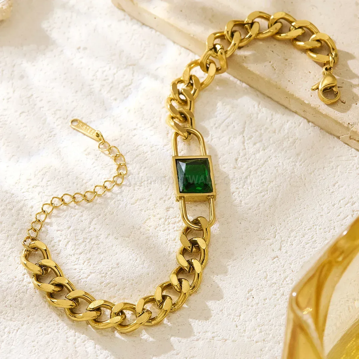 Stainless Steel Square Lock Bracelet with Green Zircon