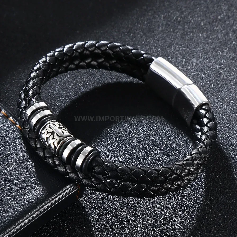 Color Block Leather Beaded Stainless Steel Men Wristband