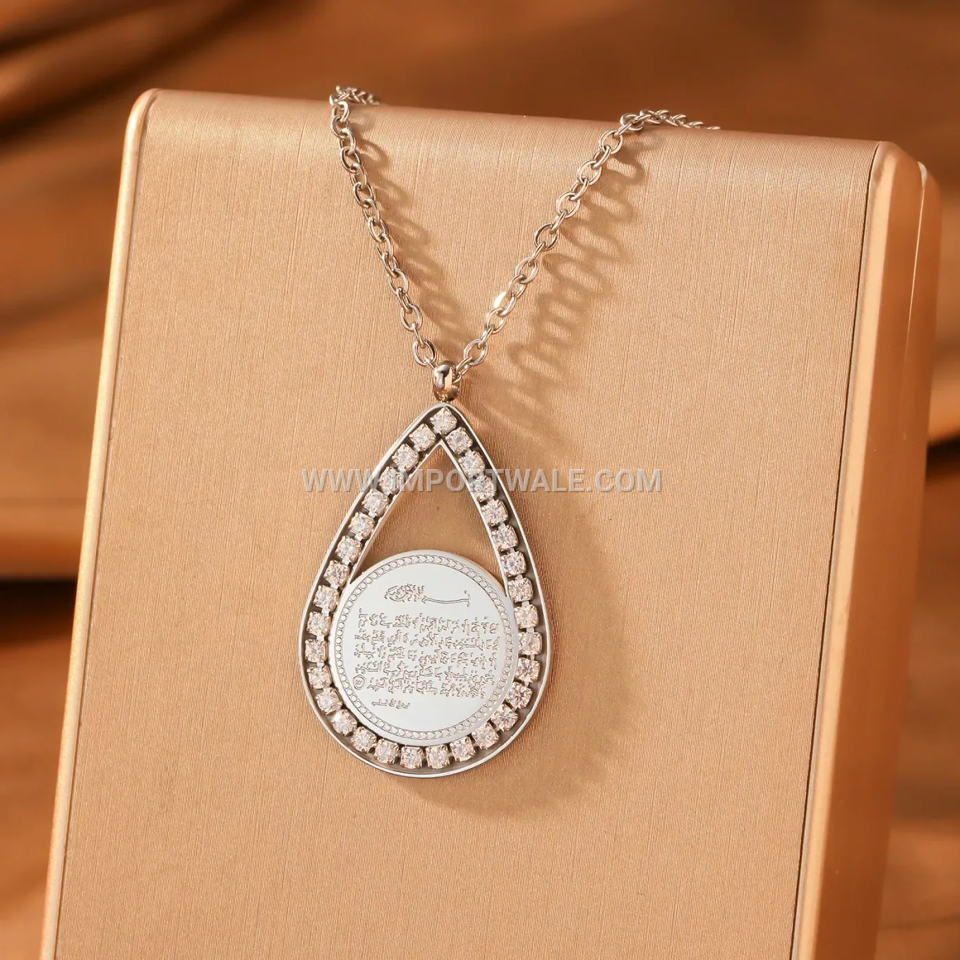 Stainless Steel Ayatul Kursi Calligraphy Teardrop Pendant Necklace With Zircon