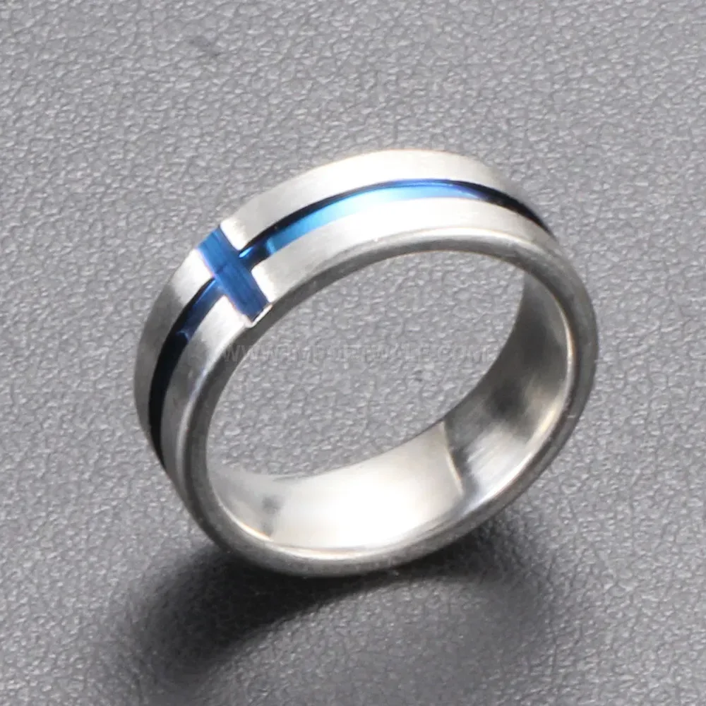 Stylish Blue Drip Epoxy Cross Accent Stainless Steel Band Ring
