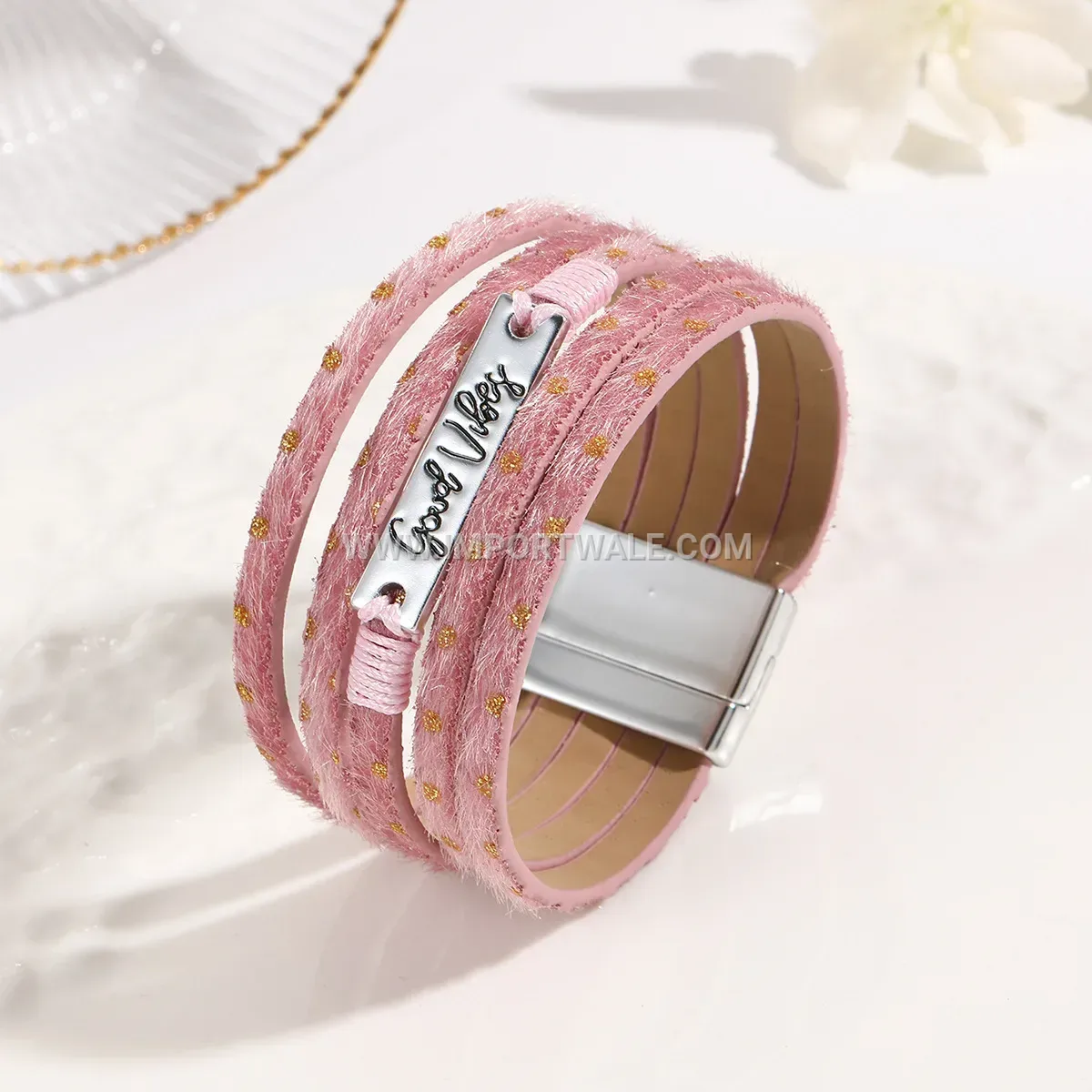 Bohemian Crystal and Feather Accent Wide Leather Cuff Bracelet