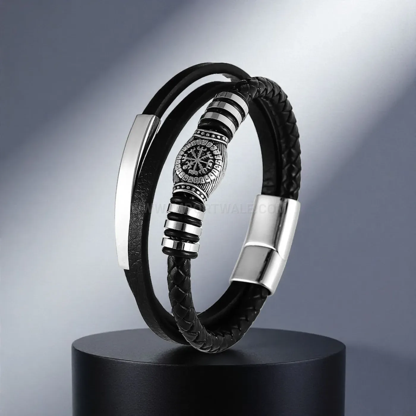 Multi-Layer Braided Black Leather Stainless Steel Viking Clasp Bracelet