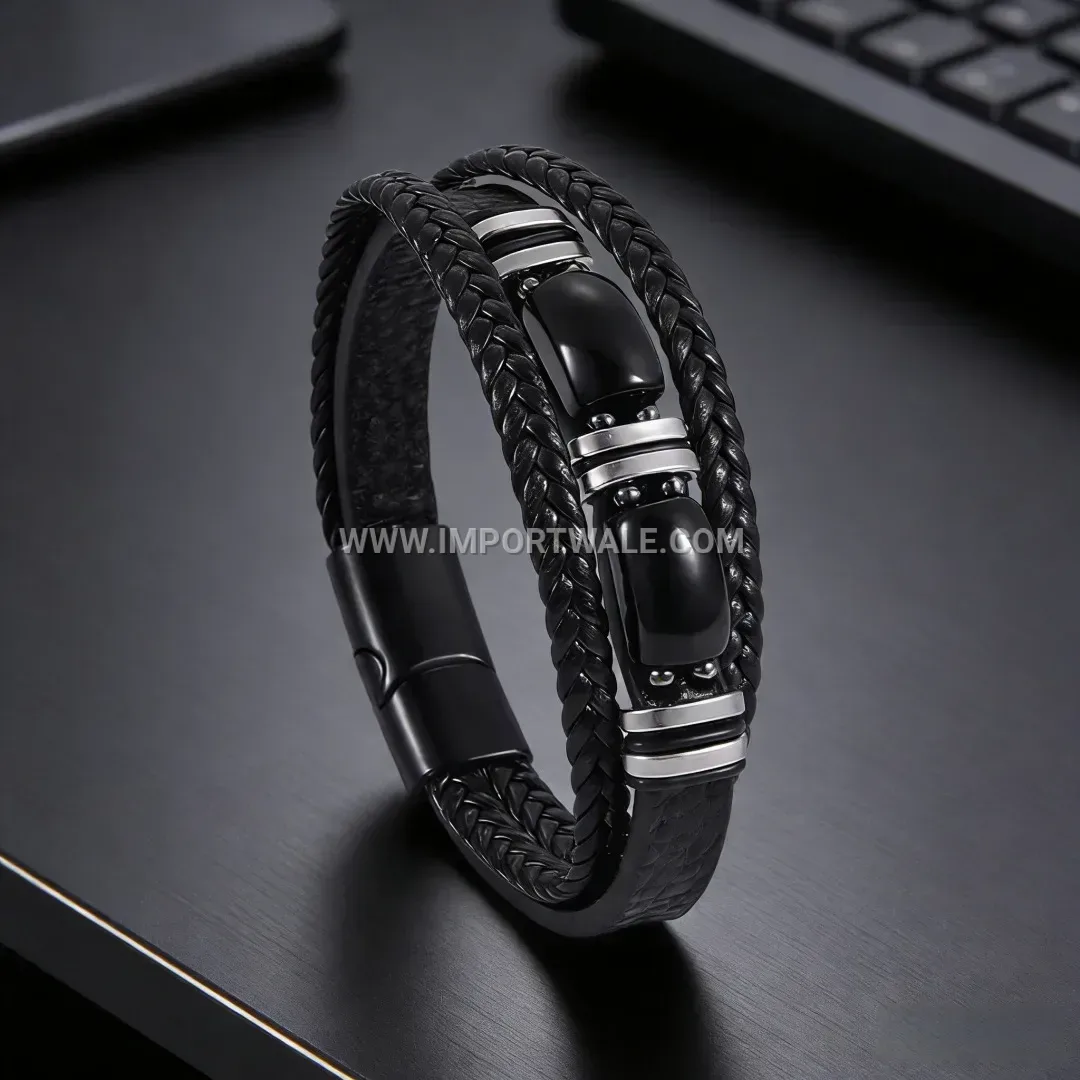 Natural Gemstone Stacked Leather Bracelet with Magnetic Clasp