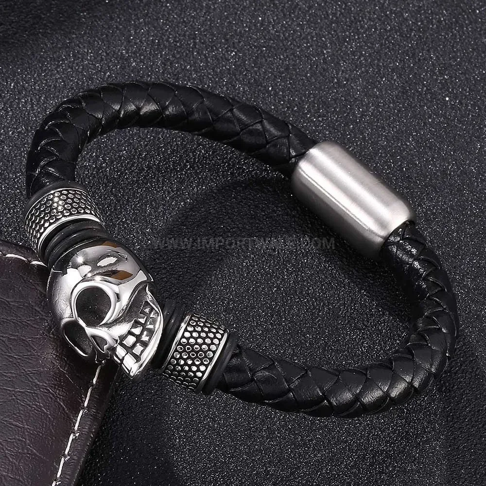 Stainless Steel Skull Leather Cord Charm Bracelet