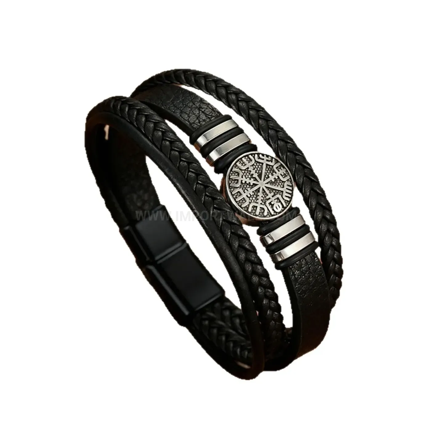 Stylish Viking Compass Alloy Charm Woven Leather Bracelet with Magnetic Clasp