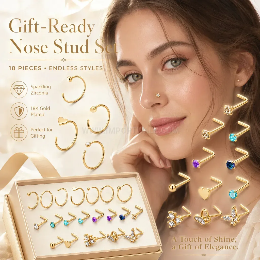 Bold Stainless Steel L Shaped Zirconia Nose Ring Set