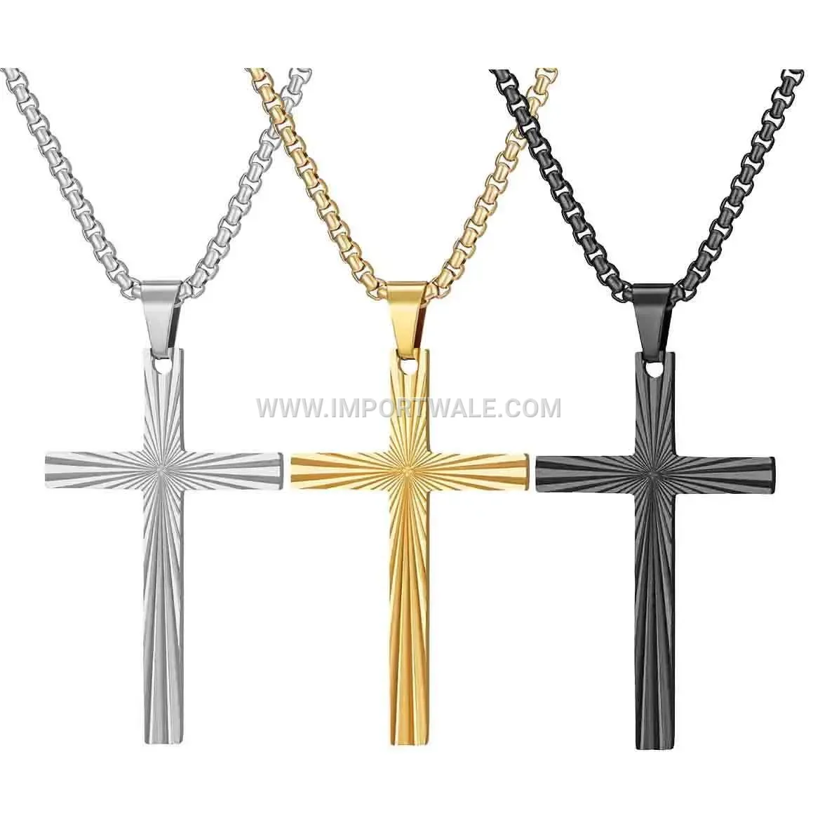 Vintage Striped Stainless Steel Cross Pendant Necklace