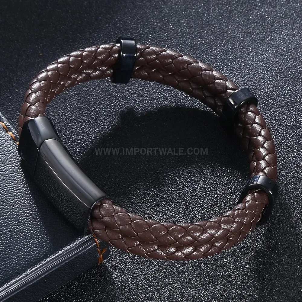 Vintage Braided Leather Bracelet with Stainless Steel Magnetic Clasp