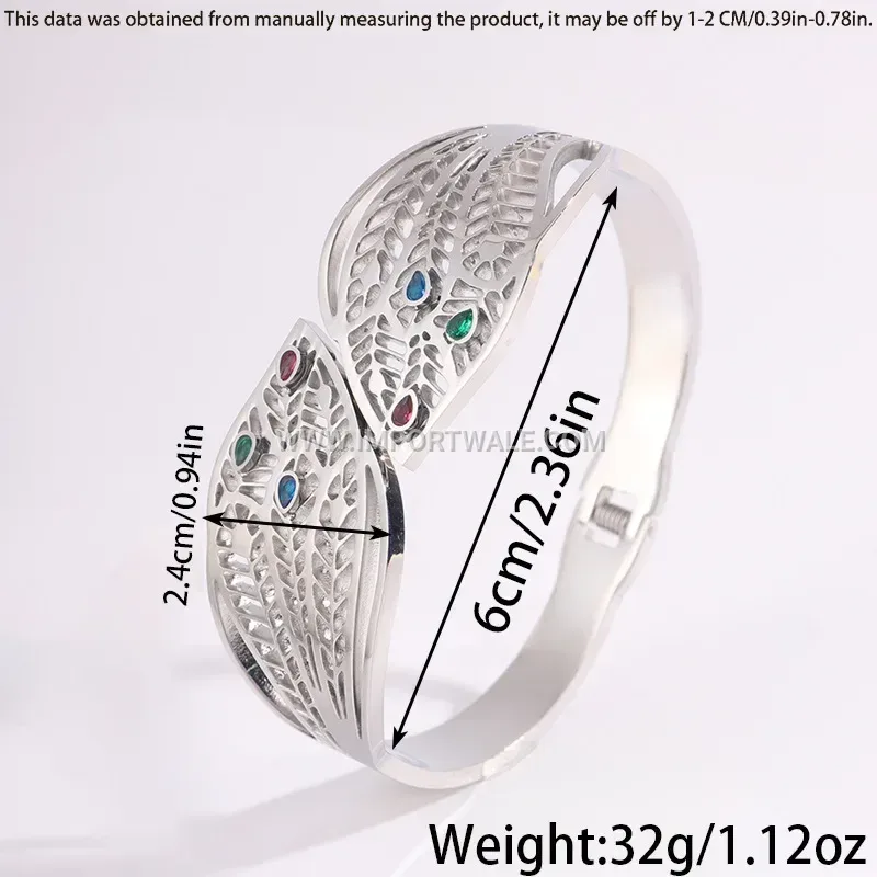 Hollow Leaf Rhinestone Stainless Steel Open Elastic Bangle